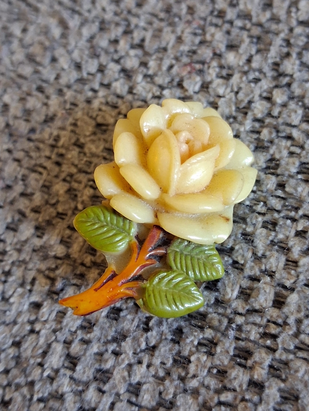Vintage Yellow Rose Brooch with Green Leaves